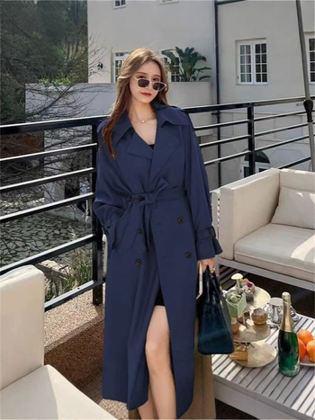 Palton trench pentru femei, poliester, guler stil costum, mâneci lungi, primăvara 2025, stil de navetă