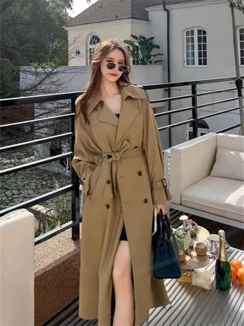 Palton trench pentru femei, poliester, guler stil costum, mâneci lungi, primăvara 2025, stil de navetă