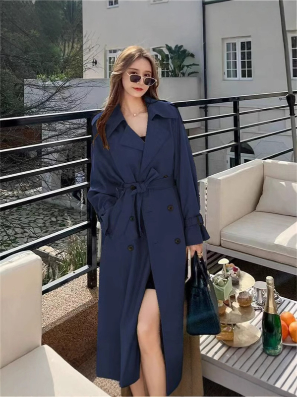 Palton trench pentru femei, poliester, guler stil costum, mâneci lungi, primăvara 2025, stil de navetă