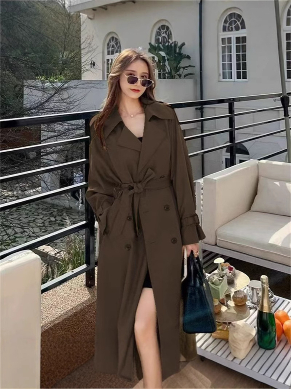 Palton trench pentru femei, poliester, guler stil costum, mâneci lungi, primăvara 2025, stil de navetă