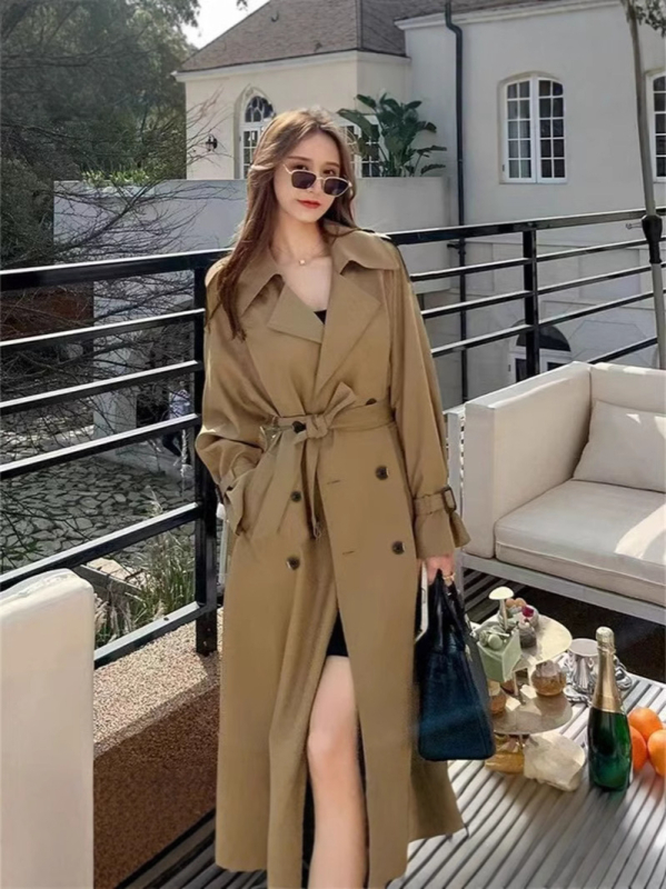 Palton trench pentru femei, poliester, guler stil costum, mâneci lungi, primăvara 2025, stil de navetă