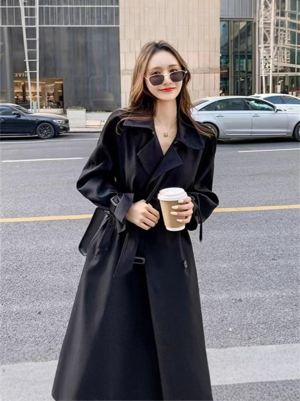 Palton trench pentru femei, poliester, guler stil costum, mâneci lungi, primăvara 2025, stil de navetă