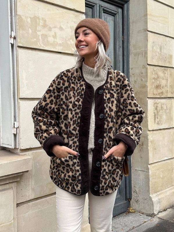 Ženski kaput s leopard printom, slobodan kroj, poliester, digitalni otisak, srednja duljina