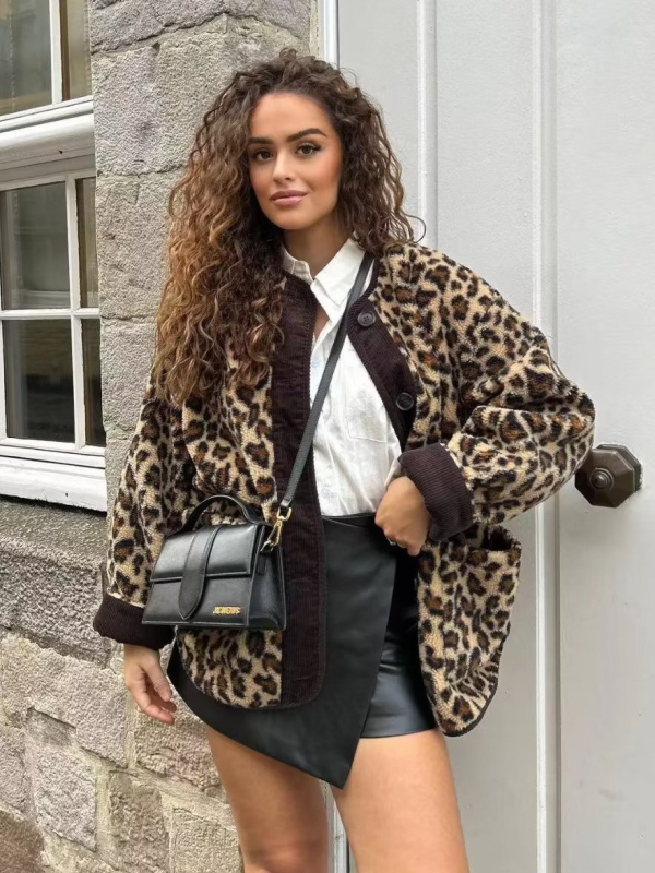 Ženski kaput s leopard printom, slobodan kroj, poliester, digitalni otisak, srednja duljina