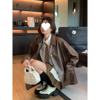 Jachetă din piele PU pentru femei, mâneci lungi, guler polo, primăvara 2024, stil urban