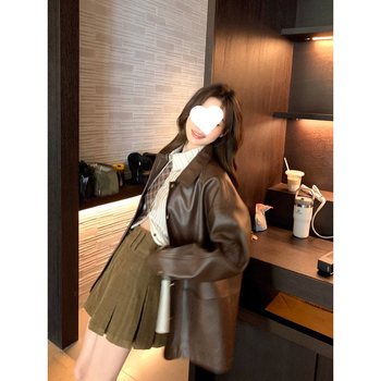 Jachetă din piele PU pentru femei, mâneci lungi, guler polo, primăvara 2024, stil urban