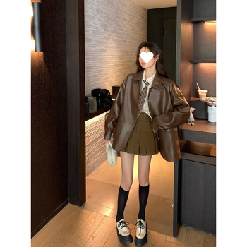 Jachetă din piele PU pentru femei, mâneci lungi, guler polo, primăvara 2024, stil urban