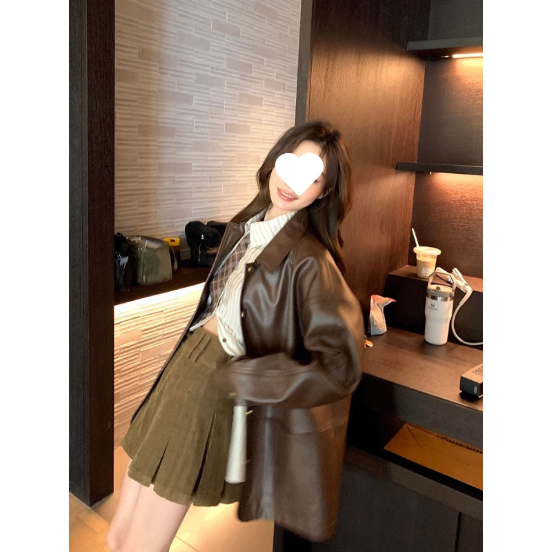 Jachetă din piele PU pentru femei, mâneci lungi, guler polo, primăvara 2024, stil urban