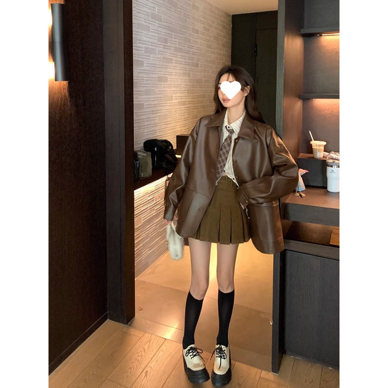 Jachetă din piele PU pentru femei, mâneci lungi, guler polo, primăvara 2024, stil urban