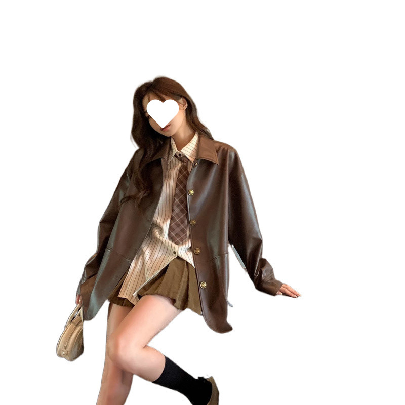 Jachetă din piele PU pentru femei, mâneci lungi, guler polo, primăvara 2024, stil urban
