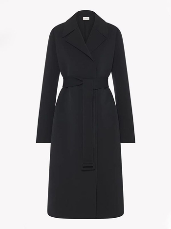 Palton de damă mediu lung cu guler de sacou, curea cu șnur, talie definită, mâneci lungi