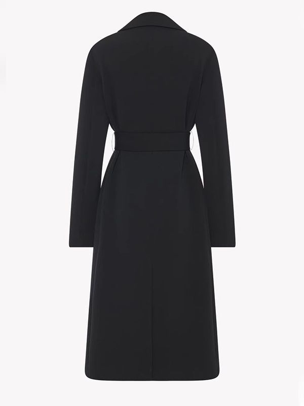 Palton de damă mediu lung cu guler de sacou, curea cu șnur, talie definită, mâneci lungi