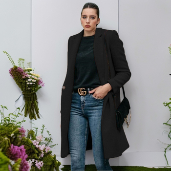 Palton lung de lână pentru femei, croială lungă, 95%+ lână, nasturi ascunși, guler tip sacou, toamna 2024