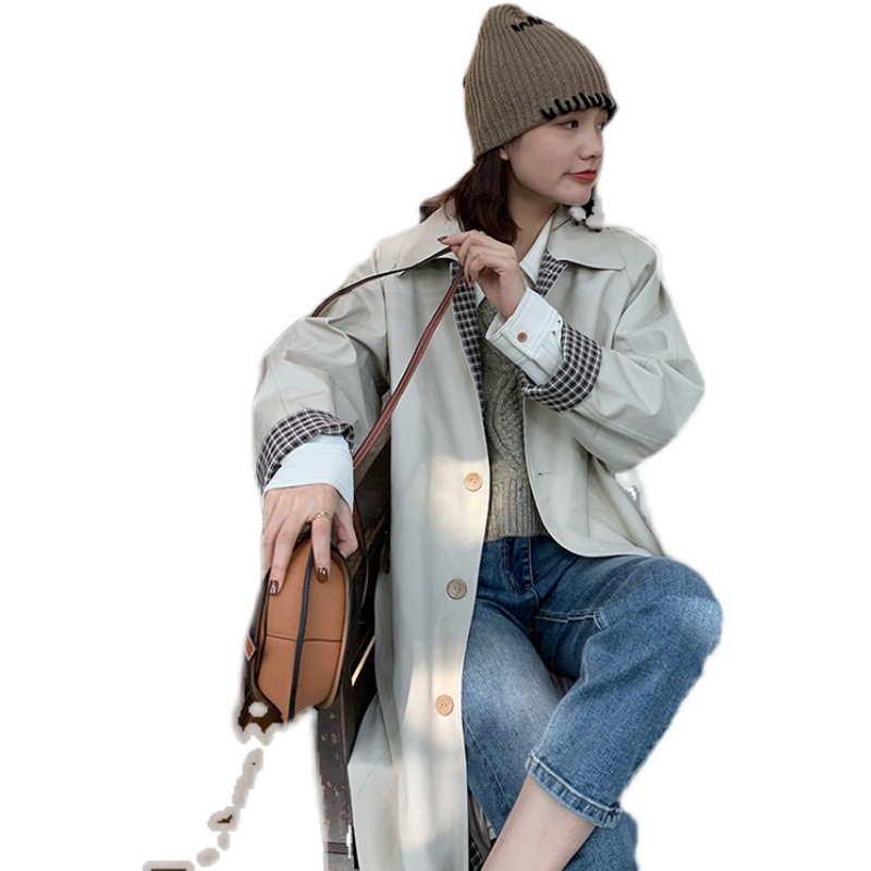 Ženski dugi windbreaker kaput s uzorkom pruge/karo, slobodan kroj, ovratnik tip doll, dugi raglani rukavi