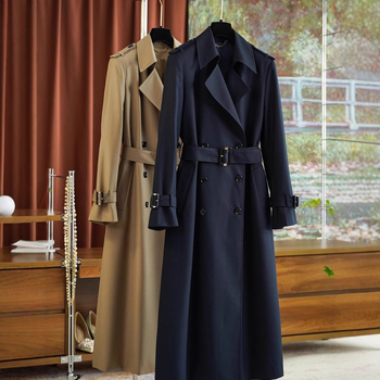 Женски средно дълъг тренчкот сक्का тип лафел, двойно закопчаване, полиестер, средна плътност, дължина 65–80 см