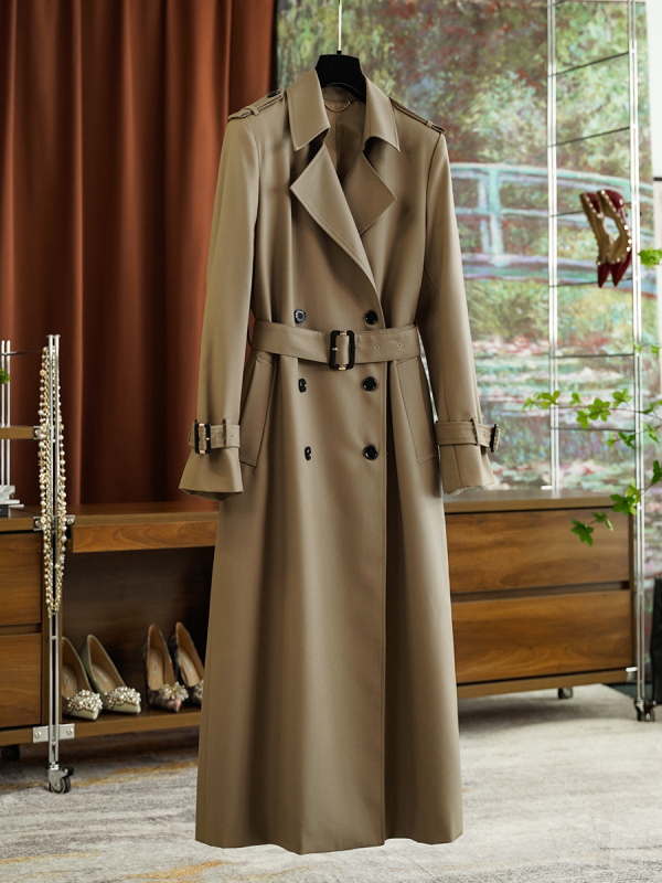 Женски средно дълъг тренчкот сक्का тип лафел, двойно закопчаване, полиестер, средна плътност, дължина 65–80 см