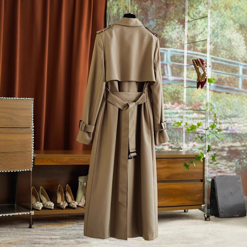 Женски средно дълъг тренчкот сक्का тип лафел, двойно закопчаване, полиестер, средна плътност, дължина 65–80 см