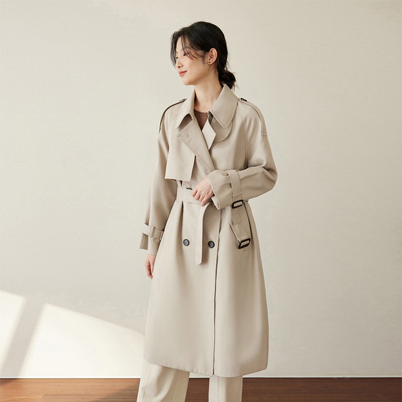 Ženski trench kaput srednje duljine, retro britanski stil, poliester, stojeći ovratnik, dugi rukavi