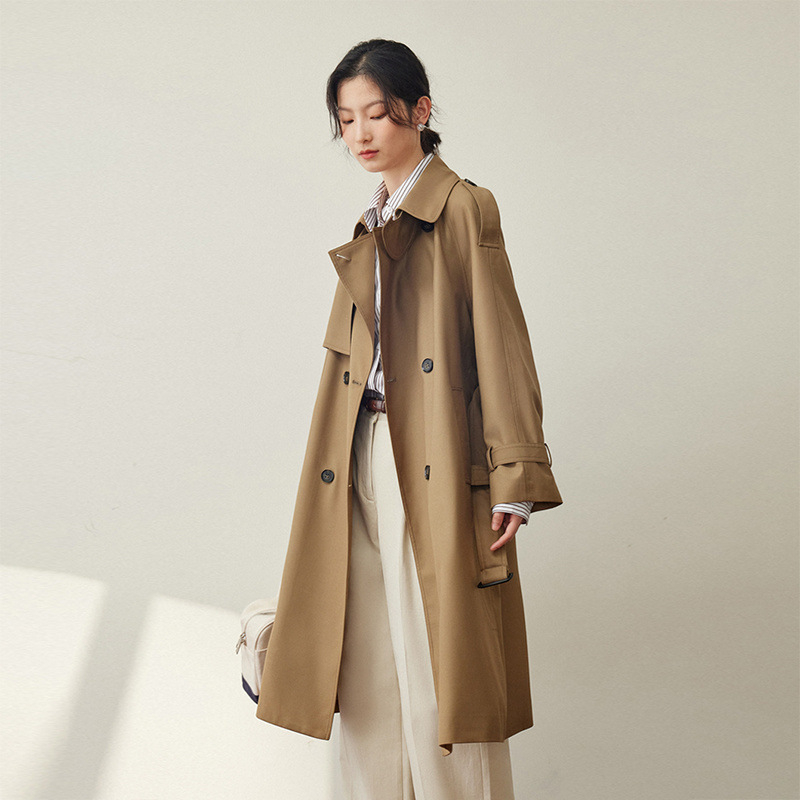 Ženski trench kaput srednje duljine, retro britanski stil, poliester, stojeći ovratnik, dugi rukavi