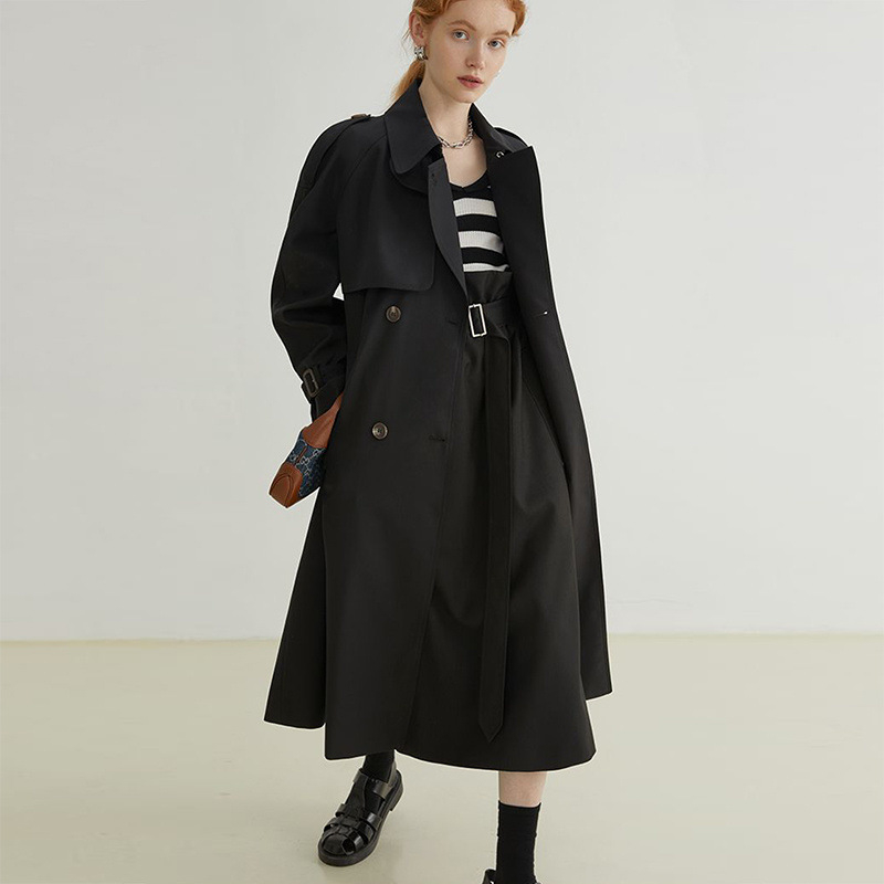 Ženski trench kaput srednje duljine, retro britanski stil, poliester, stojeći ovratnik, dugi rukavi