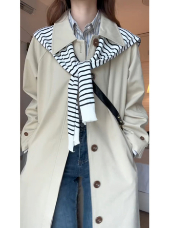 Geacă de damă din amestec de bumbac, lungime medie, guler polo, mâneci lungi, nasturi la un rând, stil casual japonez/coreean