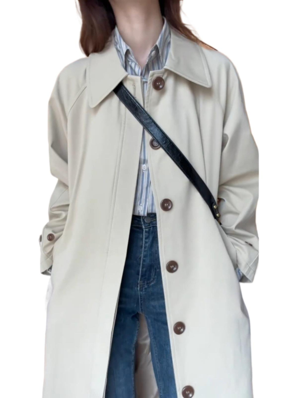 Geacă de damă din amestec de bumbac, lungime medie, guler polo, mâneci lungi, nasturi la un rând, stil casual japonez/coreean