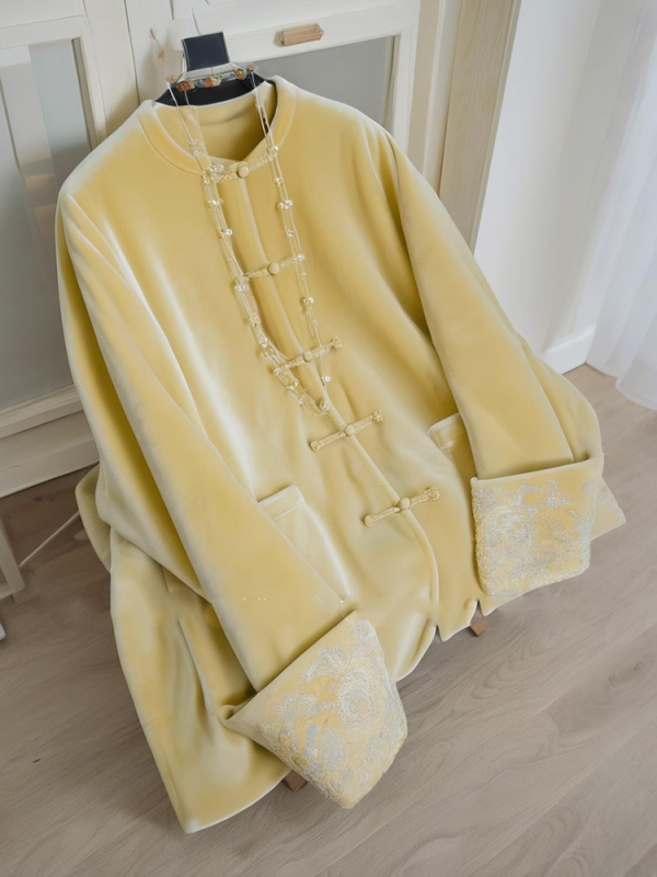 Dopamine Wear baršunasti kaput s kopčom - Novi kineski stil, ravni kroj, okrugli ovratnik, jednostruko kopčanje, ženski jesen-zima