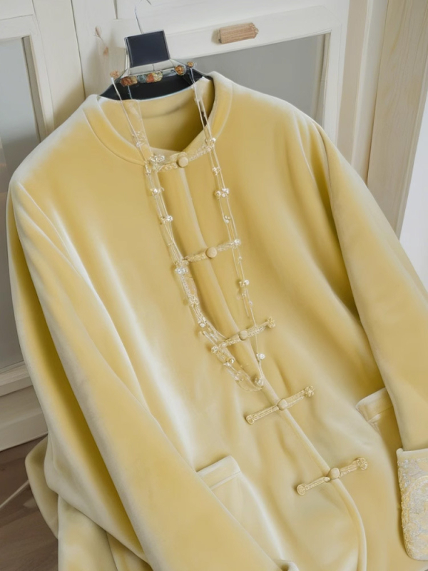 Dopamine Wear baršunasti kaput s kopčom - Novi kineski stil, ravni kroj, okrugli ovratnik, jednostruko kopčanje, ženski jesen-zima