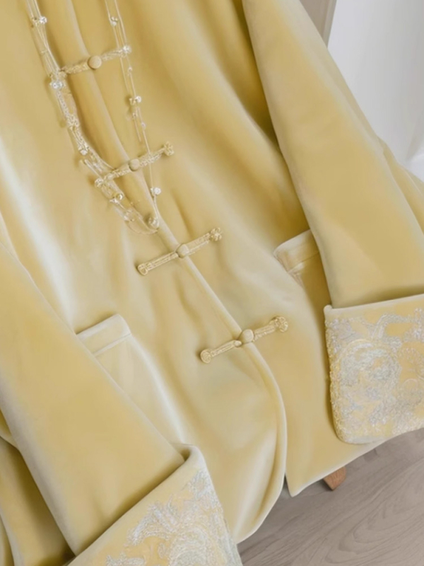 Dopamine Wear baršunasti kaput s kopčom - Novi kineski stil, ravni kroj, okrugli ovratnik, jednostruko kopčanje, ženski jesen-zima