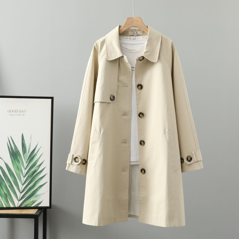 Palton dama în stil coreean - model solid, nasturi pe un singur rând, guler cu rever, material din bumbac, croială lejeră