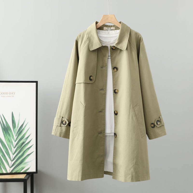 Palton dama în stil coreean - model solid, nasturi pe un singur rând, guler cu rever, material din bumbac, croială lejeră