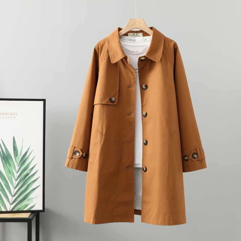Palton dama în stil coreean - model solid, nasturi pe un singur rând, guler cu rever, material din bumbac, croială lejeră