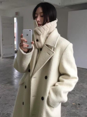 Palton lung din lână pentru femei, material gros, guler înalt, croială lejeră, lungime extinsă, nasturi dublu rând, 70-80% lână, <30% nailon, iarnă 2024, stil casual japonez-coreean