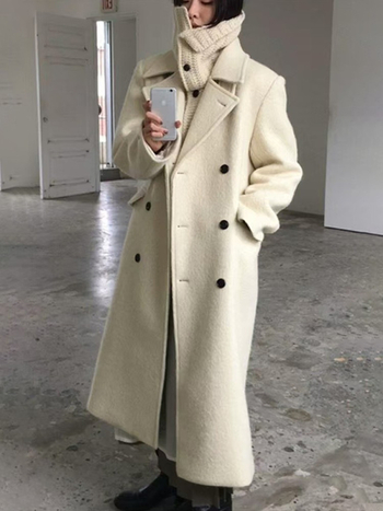 Palton lung din lână pentru femei, material gros, guler înalt, croială lejeră, lungime extinsă, nasturi dublu rând, 70-80% lână, <30% nailon, iarnă 2024, stil casual japonez-coreean