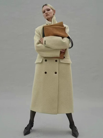 Palton lung din lână pentru femei, material gros, guler înalt, croială lejeră, lungime extinsă, nasturi dublu rând, 70-80% lână, <30% nailon, iarnă 2024, stil casual japonez-coreean