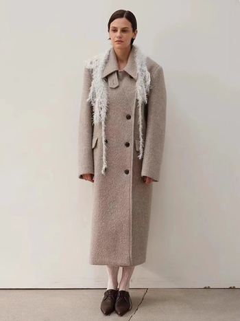 Palton lung din lână pentru femei, material gros, guler înalt, croială lejeră, lungime extinsă, nasturi dublu rând, 70-80% lână, <30% nailon, iarnă 2024, stil casual japonez-coreean