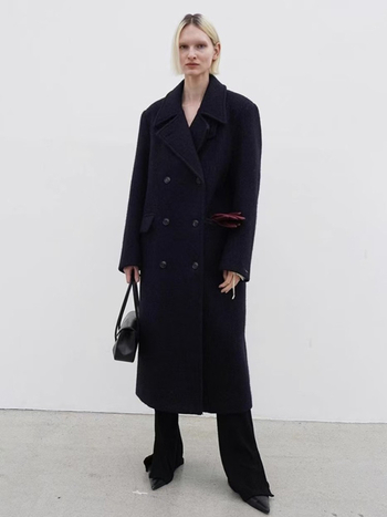 Palton lung din lână pentru femei, material gros, guler înalt, croială lejeră, lungime extinsă, nasturi dublu rând, 70-80% lână, <30% nailon, iarnă 2024, stil casual japonez-coreean