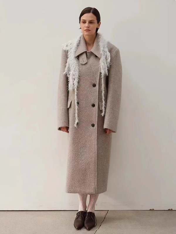 Palton lung din lână pentru femei, material gros, guler înalt, croială lejeră, lungime extinsă, nasturi dublu rând, 70-80% lână, <30% nailon, iarnă 2024, stil casual japonez-coreean