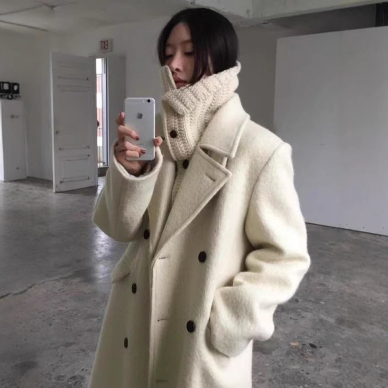 Palton lung din lână pentru femei, material gros, guler înalt, croială lejeră, lungime extinsă, nasturi dublu rând, 70-80% lână, <30% nailon, iarnă 2024, stil casual japonez-coreean