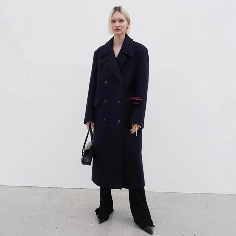 Palton lung din lână pentru femei, material gros, guler înalt, croială lejeră, lungime extinsă, nasturi dublu rând, 70-80% lână, <30% nailon, iarnă 2024, stil casual japonez-coreean