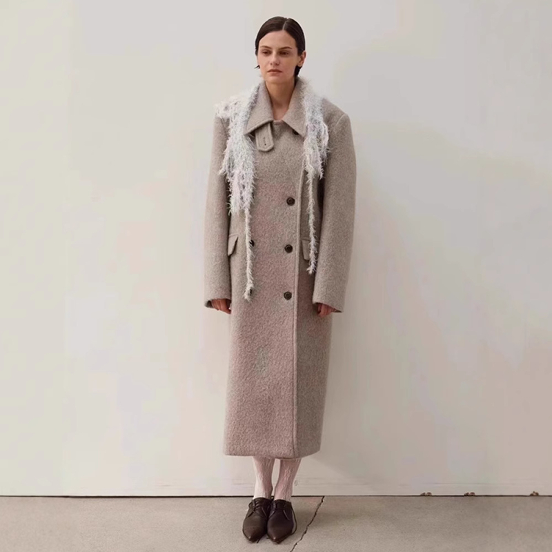 Palton lung din lână pentru femei, material gros, guler înalt, croială lejeră, lungime extinsă, nasturi dublu rând, 70-80% lână, <30% nailon, iarnă 2024, stil casual japonez-coreean