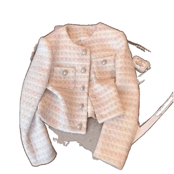 Palton pentru femei în stil Chanel cu nasturi perla – croială slim, guler rotund, mâneci lungi, închidere cu nasturi pe un rând, căptușit