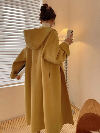 Palton lung pentru femei cu glugă, croială dreaptă, culoare solidă, din poliester, mâneci lungi, lungime 80–100 cm