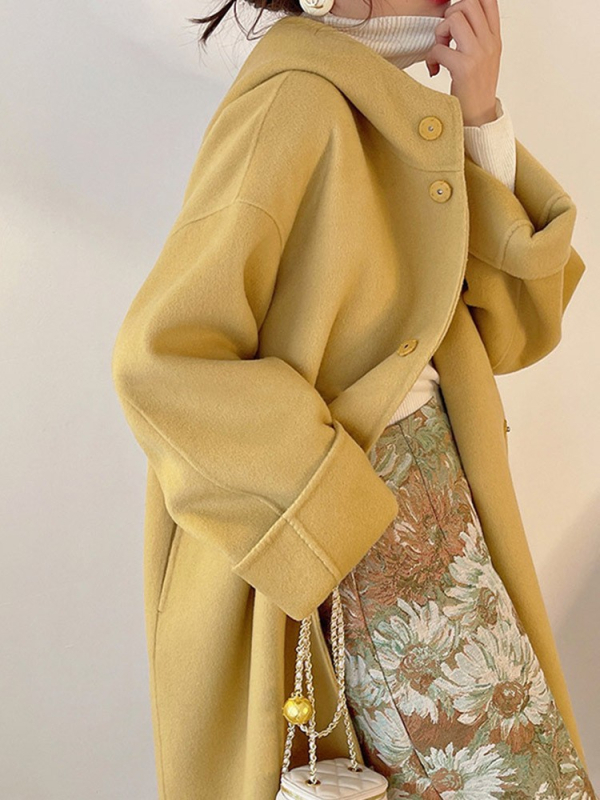 Palton lung pentru femei cu glugă, croială dreaptă, culoare solidă, din poliester, mâneci lungi, lungime 80–100 cm