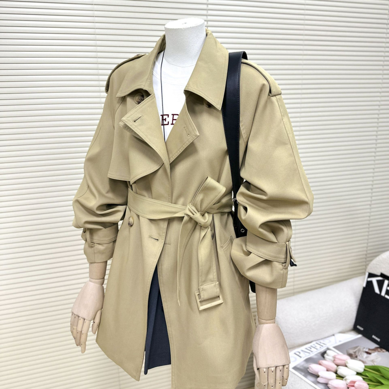 Trench kaput za žene maloga rasta - Chenille-spandex mješavina, srednja duljina, ovratnik s lotus listom, bez rukava, detalj vezivanja, jesen 2025