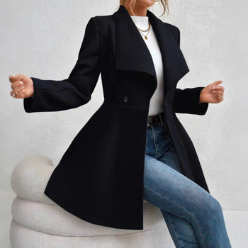 Palton de dama din lână, lungime medie, închidere cu un singur nasture, mâneci lungi, stil elegant pentru birou, amestec poliester-elastan