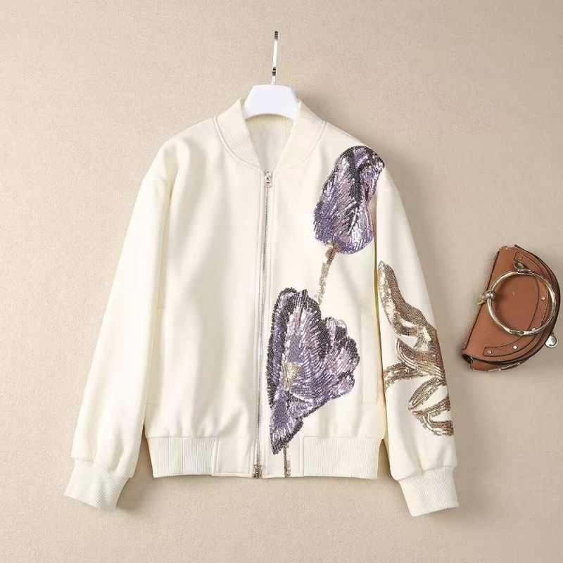 Palton tricotat pentru femei cu broderie paiete, guler înalt, mâneci lungi, fermoar