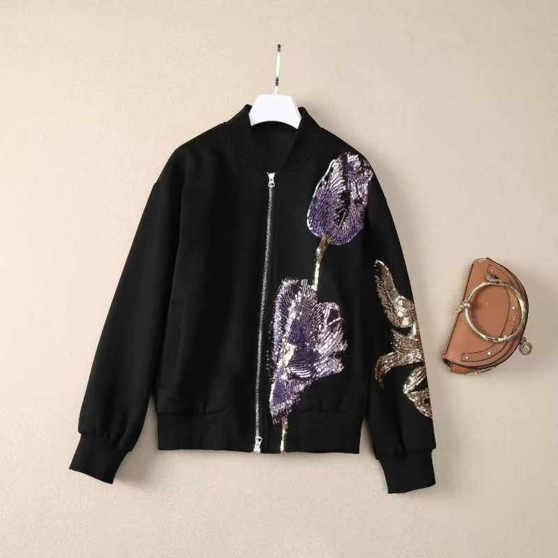 Palton tricotat pentru femei cu broderie paiete, guler înalt, mâneci lungi, fermoar