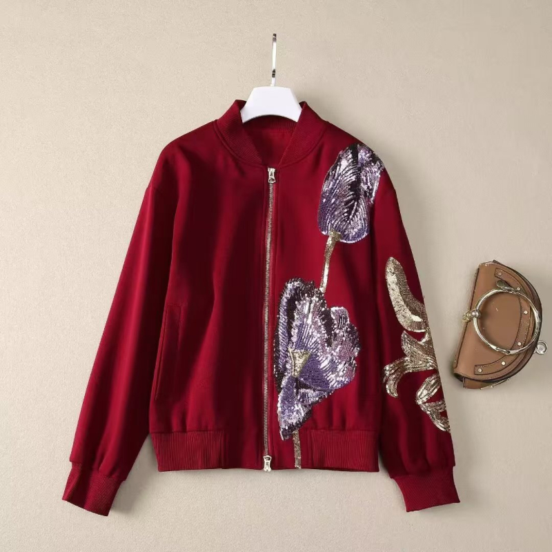 Palton tricotat pentru femei cu broderie paiete, guler înalt, mâneci lungi, fermoar