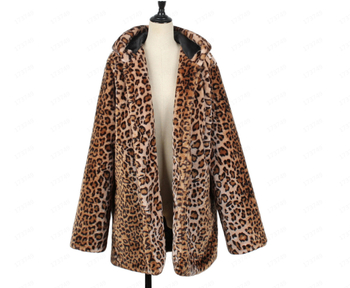 Palton leopard din blană artificială, cu glugă, gros, lungime medie